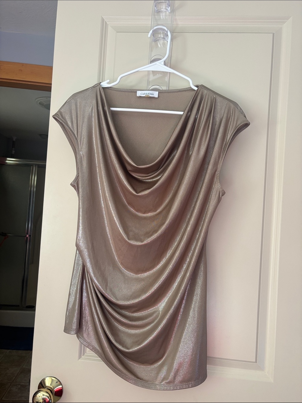 Calvin Klein Metallic Taupe Draped Cowl Neck Blouse